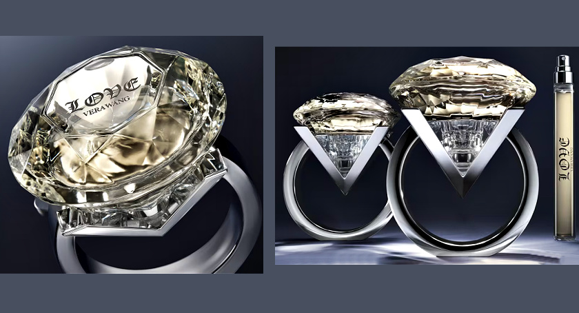 Vera Wang's Love fragrance in an innovative diamond-ring-shaped bottle.